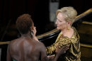 CORRECTS NAME TO VIOLA DAVIS -- Meryl Streep, right, is congratulated by Viola Davis before accepting the Oscar for best actress in a leading role for â€œThe Iron Ladyâ€ during the 84th Academy Awards on Sunday, Feb. 26, 2012, in the Hollywood section of Los Angeles. (AP Photo/Mark J. Terrill)