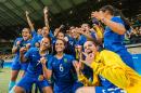 Players of Brazil celebrate after defeating Australia in the penalty shoot-out of their Rio 2016 Olympic Games women's quarterfinal football match at the Mineirao stadium on August 12, 2016