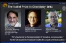 This Wednesday Oct. 9, 2013 photo shows a webpage showing the laureates Martin Karplus, Michael Levitt and Arieh Warshel as winners of the 2013 Nobel Prize in chemistry, announced by the Royal Swedish Academy of Sciences in Stockholm. The prize was awarded for laying the foundation for the computer models used to understand and predict chemical processes. (AP Photo/Claudio Bresciani) SWEDEN OUT