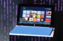A Microsoft Surface tablet PC is displayed on a stand during its launch event with Microsoft Windows 8 in New York
