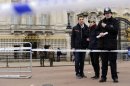 A cornered off area containing knives, a hat and Taser wire outside Buckingham Palace in central London after a man armed with two knives was stunned by police, Sunday Feb. 3, 2013. Scotland Yard said the man, thought to be in his 50s, acted aggressively when challenged by police outside the gates of the heavily touristed landmark on Sunday. Queen Elizabeth II and her husband Prince Philip were at their country retreat, Sandringham Estate, at the time. (AP Photo/Jonathan Brady/PA) UNITED KINGDOM OUT - NO SALES - NO ARCHIVES
