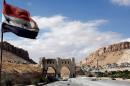 A picture taken on September 18, 2013 shows the Syrian flag flying on the side of a road leading to the ancient Christian town of Maalula