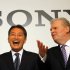 Sony Corp. President and Chief Executive Officer to be Kazuo Hirai, left, and current Sony CEO Howard Stringer have a light moment at a photo session following their press conference Thursday, Feb. 2, 2012. Battered by weak TV sales, a strong yen and production disruptions from flooding in Thailand, the Japanese electronics and entertainment company on Thursday reported a net loss of 159 billion yen ($2.1 billion) for the October-December quarter and projected it would lose even more money for the full fiscal year than it had expected three months ago. Sony announced Wednesday that Hirai will replace Stringer as CEO and president effective April 1. (AP Photo/Junji Kurokawa)