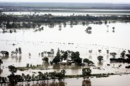An aerial photo taken from a helicopter shows an extensively flooded area in the New South Wales town of Moree