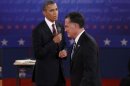 U.S. President Obama looks over at Republican presidential nominee Romney during the second U.S. presidential campaign debate in Hempstead