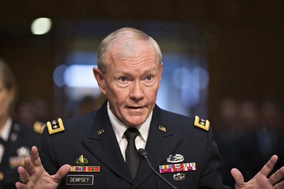 Gen. Martin Dempsey, chairman of the Joint Chiefs of Staff, appears before the Senate Armed Services Committee for a reappointment hearing, on Capitol Hill in Washington, Thursday, July 18, 2013. Dempsey said during congressional testimony Thursday that he has provided President Obama with options for the use of force in Syria. (AP Photo/J. Scott Applewhite)