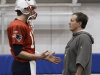 New England Patriots quarterback Tom Brady, left, talks with head coach Bill Belichick during practice on Thursday, Feb. 2, 2012, in Indianapolis. The Patriots are scheduled to face the New York Giants in NFL football Super Bowl XLVI on Feb. 5. (AP Photo/Mark Humphrey)