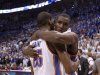 Thunder forward Ibaka hugs teammate Durant after defeating the San Antonio Spurs in Oklahoma City