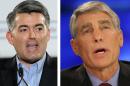 This combo of file photos shows Rep. Cory Gardner, R-Colo., speaks during an event in Denver in a March 1, 2014 file photo, left, and then Colorado Democratic Senatorial candidate Mark Udall in a Oct. 16, 2008 file photo. Facing off in one of the most contested Senate races in the nation, Udall and Gardner, found something to agree on this week _ giving President Barack Obama the authority he's asked for to train and arm Syrian rebels taking on brutal Islamic State militants. (AP Photo/Files)