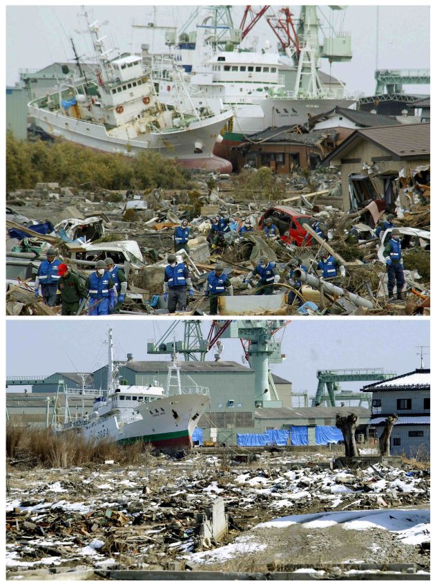 Combo photo shows a tsunami-devastated …
