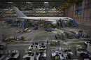 A Boeing 787 sits on the assembly line at the company's operations in Everett