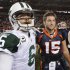 FILE - In this Nov. 17, 2011 file photo, New York Jets quarterback Mark Sanchez (6) and Denver Broncos quarterback Tim Tebow (15) walk off the field together after an NFL football game, in Denver. Tebow has been traded from the Denver Broncos to the New York Jets. (AP Photo/Barry Gutierrez, File)