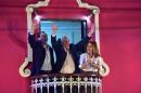 Presidential candidate for the "Peruanos por el Kambio" party Pedro Pablo Kuczynski (C),and his first and second vice presidential running-mates, Martin Vizcarra (L) and Mercedes Araoz (R), wave from a balcony after the elections in Lima on June 5, 2016