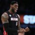 Miami Heat's James celebrates during their NBA basketball game against Los Angeles Lakers in Los Angeles
