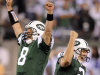 New York Jets kicker Nick Folk (2) and teammate Mark Brunell (8) celebrate Folk's 50-yard fourth quarter field goal which won the NFL football game over the Dallas Cowboys 27-24 on Sunday, Sept. 11, 2011,  in East Rutherford, N.J. (AP Photo/Bill Kostroun)