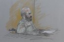 This court room sketch shows Maj. Nidal Malik Hasan during his court-martial Tuesday, Aug. 6, 2013, in Forth Hood, Texas. Hasan is representing himself against charges of murder and attempted murder for the 2009 attack that left 13 people dead at Forth Hood. (AP Photo/Brigitte Woosley)