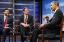 Obama talks with Acevedo and Diaz Balart at the Newseum in Washington