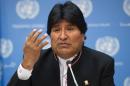 Bolivian President Evo Morales speaks to members of the media on April 21, 2016 at the United Nations in New York