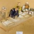 Artist's sketch of Khalid Sheikh Mohammed sitting with his defence team during a pre-trail hearing at the U.S. Naval Base Guantanamo Bay, Cuba