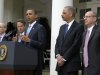 President Barack Obama announces a plan to increase oversight and crack down on manipulation in oil markets during a statement in the Rose Garden of the White House in Washington, Tuesday, April 17, 2012. From left are , Chairman of the Commodity Futures Trading Commission (CFTC) Chairman Gary Gensler, Treasury Secretary Timothy Geithner, the president, Attorney General Eric Holder, and FTC Chairman Jon Leibowitz. (AP Photo/Susan Walsh)