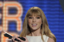 Taylor Swift accepts the award for entertainer of the year at the 47th Annual Academy of Country Music Awards on Sunday, April 1, 2012 in Las Vegas. (AP Photo/Mark J. Terrill)