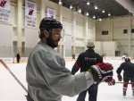 New Jersey Devils Ilya Kovalchuk skates away after scoring goal in practice for NHL Stanley Cup Finals game in Newark