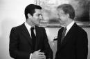 FILE- This is a Jan. 14, 1980 file photo of Spain's Prime Minister Adolfo Suarez , left, as he meets with U.S. President Jimmy Carter at the White House in Washington. Suarez Spain's first democratically-elected prime minister after decades of right-wing rule under Gen. Francisco Franco, died Sunday March 23, 2014. Suarez was 81-years-old. (AP Photo/Dennis Cook)