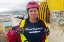 In this photo provided by Greenpeace, actress Lucy Lawless joins activists in stopping a Shell-contracted drillship from departing the port of Taranaki, New Zealand, Friday, Feb. 24, 2012. Lawless, a native New Zealander, best known for her title role in 