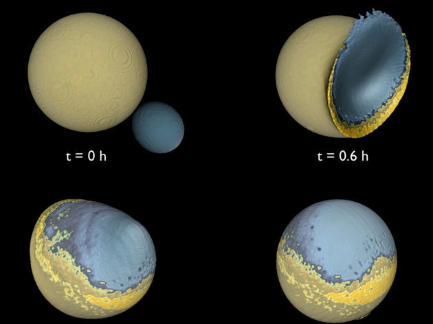 This diagram provided by Martin Jutzi and Erik Asphaug, University of California, Santa Cruz via Nature shows a simulation of four stages of a collision between the Moon and a companion moon, four percent of the lunar mass, about 4 billion years ago. Earth once had a second moon, until it made the fatal mistake of smacking its big sister, some astronomers now theorize. For awhile when the Earth was young, it had a big moon, the one you see now, and a smaller "companion moon" orbiting above. Then one day that smaller moon collided into the bigger one in what astronomers are calling the "big splat." (AP Photo/Martin Jutzi and Erik Asphaug, University of California, Santa Cruz via Nature)
