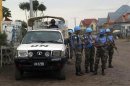 U.N. peacekeepers patrol the streets during the visit of U.N. Secretary-General Ban and World Bank President Kim to Goma
