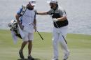 Shane Lowry, of Ireland, reacts to his shot from the 18th fairway with his caddie Dermot Byrne, during the first round of The Players Championship golf tournament Thursday, May 12, 2016, in Ponte Vedra Beach, Fla. (AP Photo/Chris O'Meara)