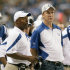 Indianapolis Colts quarterback Peyton Manning, right, talks with head coach Jim Caldwell during the second quarter of an NFL preseason football game against the Green Bay Packers in Indianapolis, Friday, Aug. 26, 2011. (AP Photo/AJ Mast)