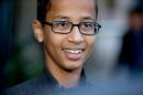 FILE - In this Monday, Oct. 19, 2015, file photo, Ahmed Mohamed, the 14-year-old who was arrested at MacArthur High School in Irving, Texas, after a homemade clock he brought to school was mistaken for a bomb, speaks during an interview with the Associated Press, in Washington. Ahmed Mohamed will soon be moving with his family to Qatar to attend school thanks to the Qatar Foundation for Education, Science and Community Development. (AP Photo/Andrew Harnik, File)