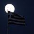 A Greek flag flutters in front of the moon in Athens