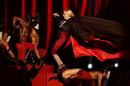 Madonna stumbles whilst performing on stage during the Brit Awards 2015 at the 02 Arena in London, Wednesday, Feb. 25, 2015. (AP Photo/PA, Yui Mok) UNITED KINGDOM OUT NO SALES NO ARCHIVE