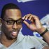 Orlando Magic's Dwight Howard gestures during an NBA All Star basketball player news conference, Friday, Feb. 24, 2012, in Orlando, Fla. The NBA All Star game will be played in Orlando on Sunday. (AP Photo/Chris O'Meara)