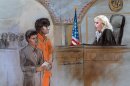 This courtroom sketch depicts Boston Marathon bombing suspect Dzhokhar Tsarnaev standing with his lawyer Judy Clarke, left, before Magistrate Judge Marianne Bowler, right, during his arraignment in federal court Wednesday, July 10, 2013 in Boston. The 19-year-old has been charged with using a weapon of mass destruction, and could face the death penalty. (AP Photo/Jane Flavell Collins)