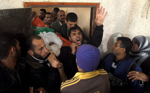 Palestinians carry the body of Bahajat Zaalan, 42, killed in an Israeli air strike on a Hamas training camp near his home in Gaza City, during his funeral at the Shati refugee camp in Gaza City, Friday, Dec. 9, 2011. Israeli aircraft fired missiles at militant facilities in the Gaza Strip early Friday, killing a Palestinian civilian and wounding more than 20 others, Gaza officials said, as a new round of violence in the area threatened to escalate into a wider confrontation. (AP Photo/Hatem Moussa)