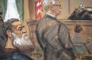 Courtroom sketch shows Nazih al-Ragye known by the alias Abu Anas al-Liby as he appears with attorney Kleinman before Judge Kaplan in Manhattan Federal Court in New York