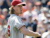Los Angeles Angels pitcher Jered Weaver shouts toward the Detroit Tigers dugout after being ejected for throwing at Detroit's Alex Avila in the eighth inning of a baseball game on Sunday, July 31, 2011, in Detroit. The Tigers defeated the Angels 3-2. (AP Photo/Duane Burleson)