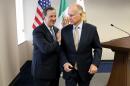Gov. Jerry Brown, right, and Mexican Secretary of Foreign Affairs Jose Antonio Meade Kuribrena leave a news conference after talking with reporters Wednesday, July 23, 2014, in Sacramento, Calif. Brown and Meade attended a luncheon hosted by the California Chamber of Commerce, where they discussed Brown's upcoming visit to Mexico.(AP Photo/Rich Pedroncelli)