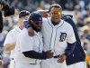 Detroit Tigers' Prince Fielder, left, and Miguel Cabrera walk off the field after their 3-2 win over the Boston Red Sox in a baseball game in Detroit, Thursday, April 5, 2012. (AP Photo/Carlos Osorio)
