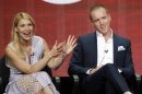 Claire Danes gestures next to Damian Lewis at a panel for the television series "Homeland" during the Showtime portion of the Television Critics Association Summer press tour in Beverly Hills