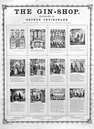 Ilustración sobre las Gin Shops tabernas donde se servía la ginebra.