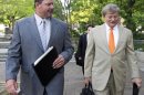 Former Major League Baseball pitcher Roger Clemens, and his attorney Rusty Hardin, arrive at federal court in Washington in Washington, Monday, April 16, 2012, for jury selection in the perjury trial on charges that he lied when he told Congress he never used steroids and human growth hormone. (AP Photo/Manuel Balce Ceneta)