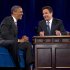 President Barack Obama talks with Jimmy Fallon during commercial break as he participates in a taping of the Jimmy Fallon Show, Tuesday, April 24, 2012,  at the University of North Carolina at Chapel Hill, N.C..  (AP Photo/Carolyn Kaster)