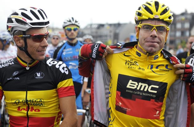 Omega Pharma-Lotto rider Philippe Gilbert and BMC Racing Team rider Cadel Evans
