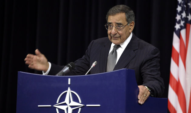 United States Secretary of Defense Leon Panetta gestures while speaking during a media conference after a meeting of NATO Defense Ministers at NATO headquarters in Brussels on Wednesday, Oct. 10, 2012. NATO defense ministers gathered in Belgium Wednesday to begin deliberating the next phase of the Afghanistan war and to hear how military commanders plan to tamp down the insider attacks that have killed or injured 130 allied forces. (AP Photo/Virginia Mayo)