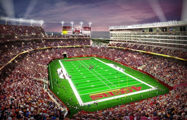 FILE - This artist rendering provided by the San Francisco 49ers on Feb. 10, 2010, shows the proposed 49ers NFL football stadium in Santa Clara, Calif. The 49ers and Levi Strauss & Co have reached an agreement for a $220 million, 20-year naming rights deal for the team's future stadium in Santa Clara. The stadium will be called, Levi's Stadium.(AP Photo/San Francisco 49ers, File)