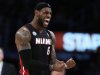 Miami Heat's James celebrates during their NBA basketball game against Los Angeles Lakers in Los Angeles